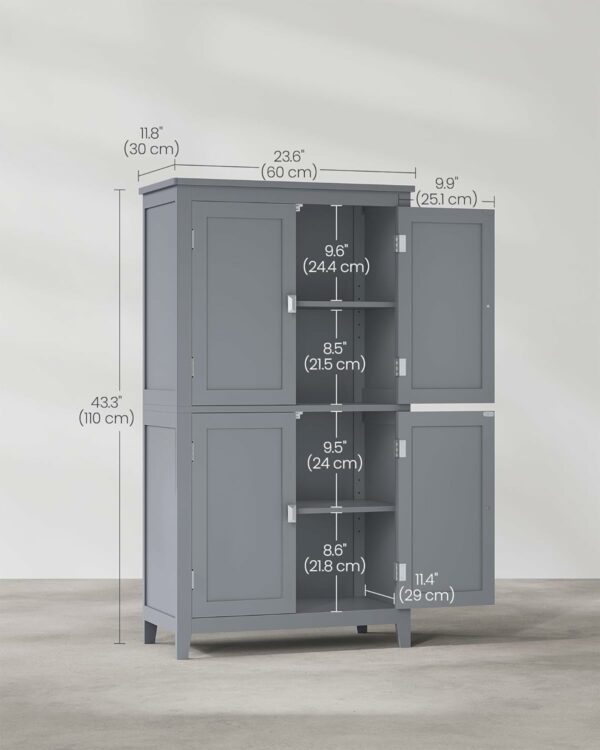 VASAGLE Fürdőszoba szekrény MDF-ből, 2 rekeszes és 4 ajtós, állítható polcokkal, 30x60x110cm, szürke - Image 3