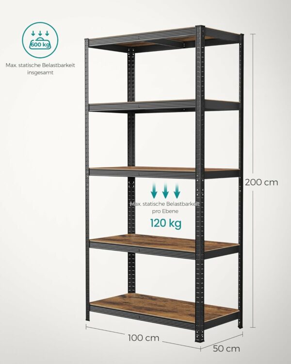 SONGMICS Fém tárolópolc, faforgácslap polcokkal, 5 polc, max. 600 kg, 200x100x50 cm, barna és fekete - Image 6