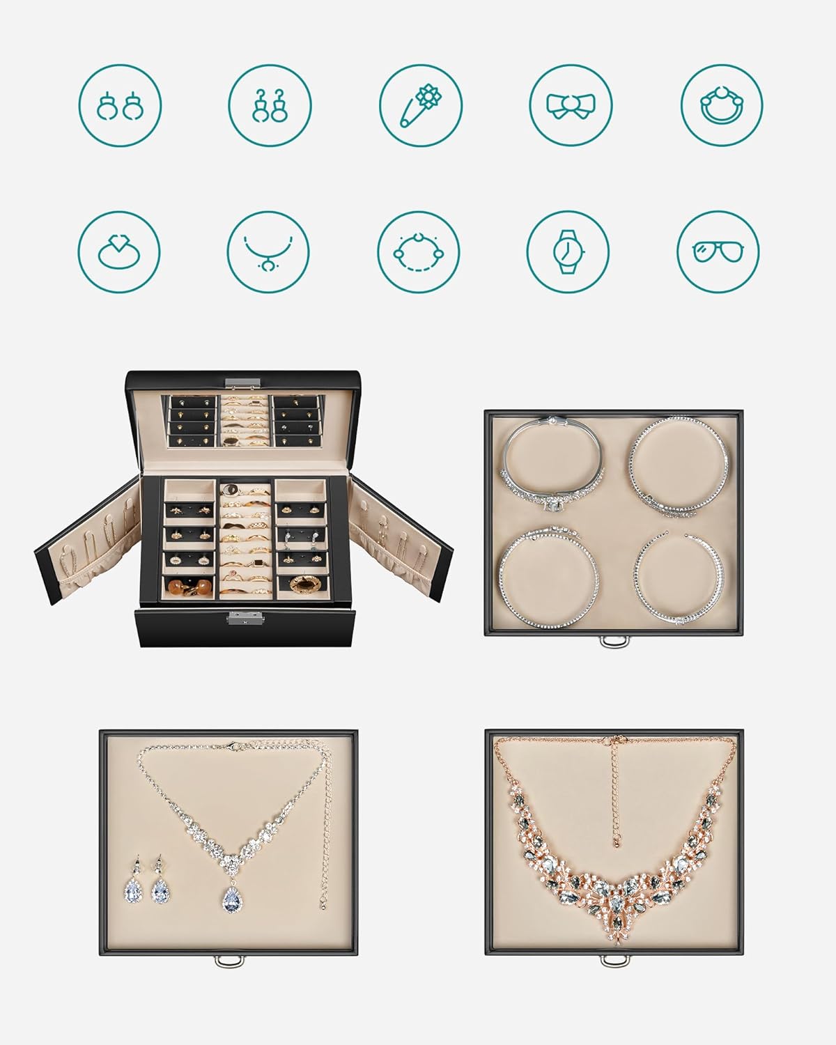 SONGMICS Ékszerdoboz 4 szinttel, 3 fiókkal, tükörrel és zárral, 18x23x17cm, fekete - Image 7