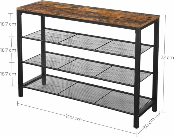 VASAGLE Cipőtartó 3 polccal, 100x30x72cm, acél, ipari stílusú, rusztikus barna és fekete - Image 3