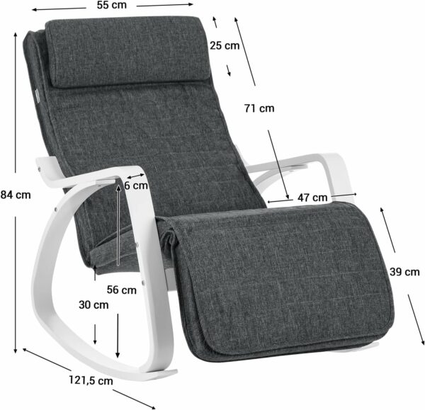 SONGMICS Fa hintaszék, állítható lábtartó, maximum 150kg, 67x115x91cm, szürke és fehér - Image 3