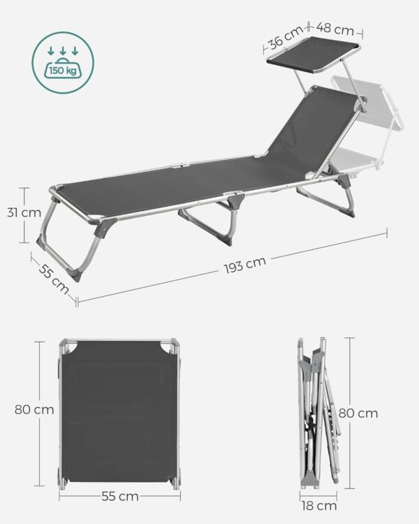 SONGMICS Sezlong pliabil, cu parasolar, spatar reglabil in 4 pozitii, maxim 150kg, 193x55x31cm, gri - Image 3