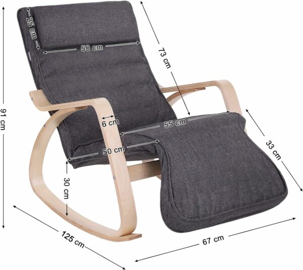 SONGMICS Fa hintaszék, állítható lábtámasz, maximum 150kg, 67x115x91cm, sötétszürke - Image 3