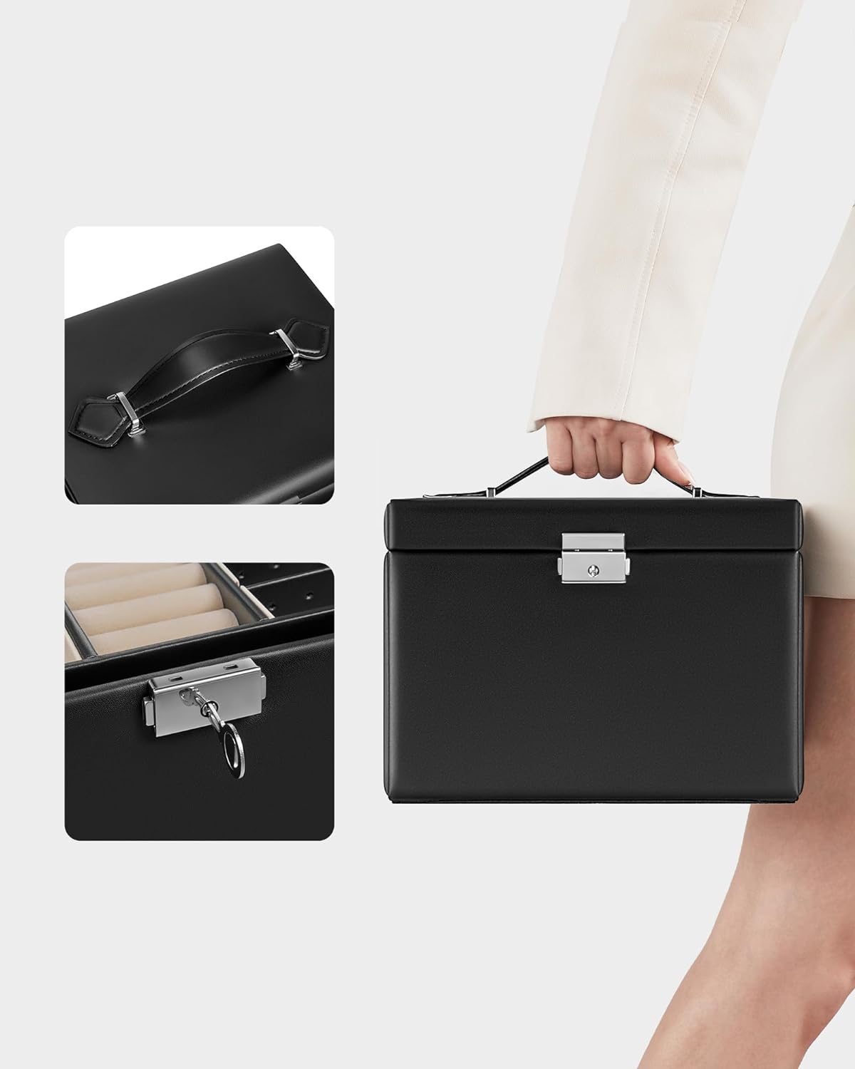 SONGMICS Ékszerdoboz 4 szinttel, 3 fiókkal, tükörrel és zárral, 18x23x17cm, fekete - Image 6