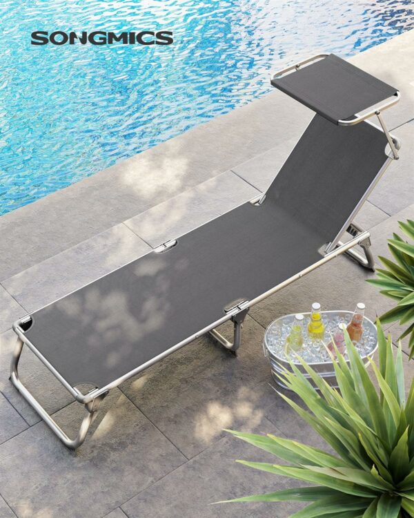 SONGMICS Sezlong pliabil, cu parasolar, spatar reglabil in 4 pozitii, maxim 150kg, 193x55x31cm, gri - Image 4