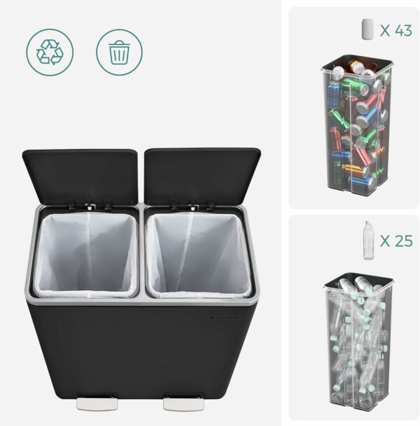 SONGMICS Rozsdamentes szemetes 2 rekeszes szelektív gyűjtéssel, belső vödrökkel, 2x30 literes, fekete - Image 4