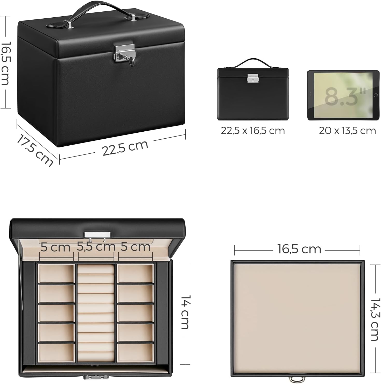 SONGMICS Ékszerdoboz 4 szinttel, 3 fiókkal, tükörrel és zárral, 18x23x17cm, fekete - Image 4
