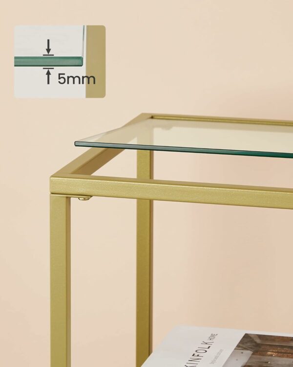 VASAGLE Előszobaasztal, aszimmetrikus polcokkal, edzett üveglappal, fém kerettel, 35x100x80cm, arany - Image 5