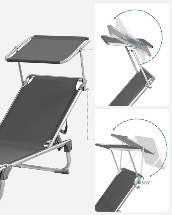 SONGMICS Sezlong pliabil, cu parasolar, spatar reglabil in 4 pozitii, maxim 150kg, 193x55x31cm, gri - Image 5