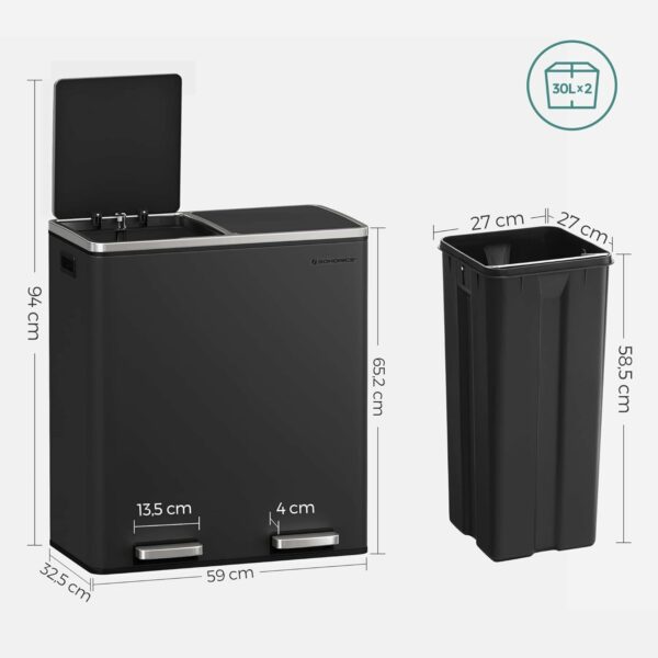 SONGMICS Rozsdamentes szemetes 2 rekeszes szelektív gyűjtéssel, belső vödrökkel, 2x30 literes, fekete - Image 5