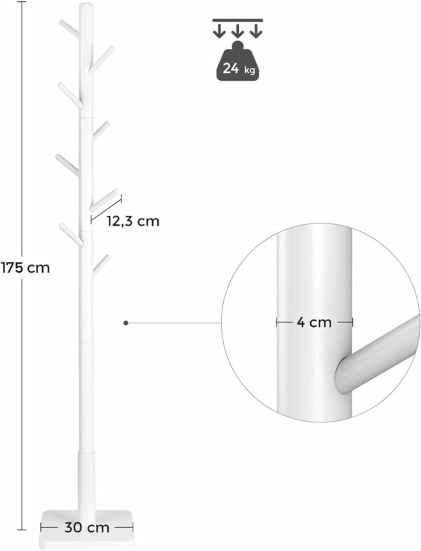 VASAGLE Cuier pentru haine, din lemn masiv, tip pom, cu 8 carlige, baza patrata, 175cm, alb - Image 5