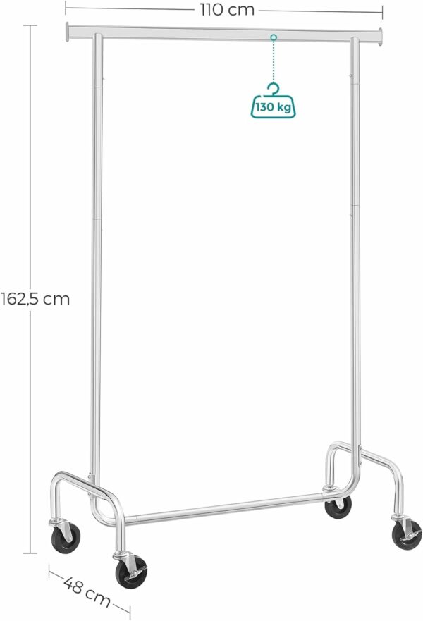 SONGMICS Ruhatartó felső sínnel, kerekeken, 48x110x163cm, rozsdamentes ezüst - Image 5