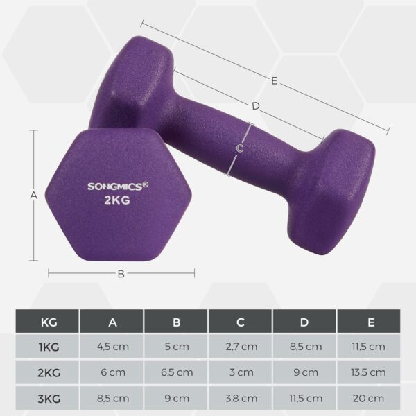 SONGMICS 6 db hatszögletű súlyzó készlet tartással, 2x1kg 2x1.5kg 2x2kg, többszínű - Image 5