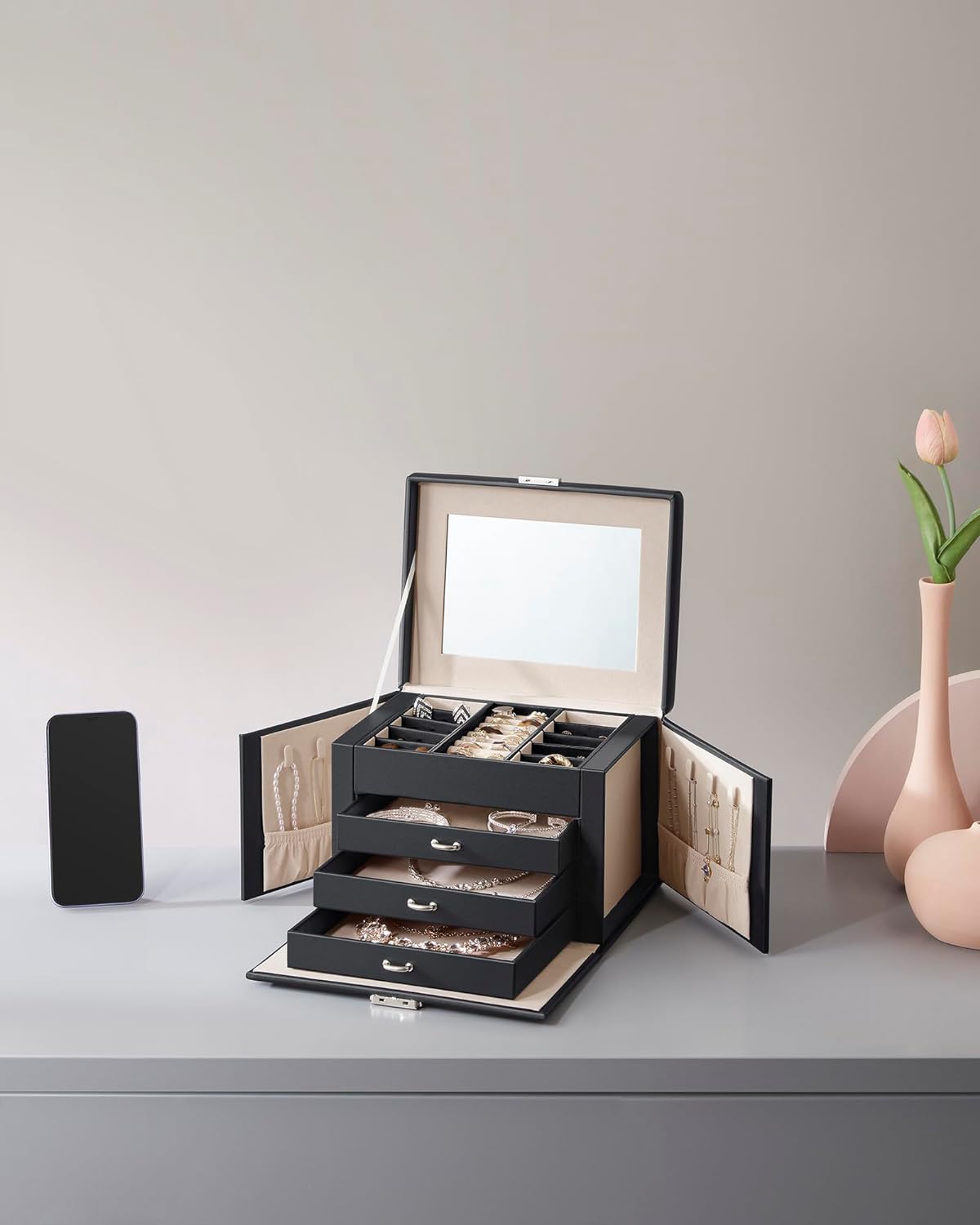 SONGMICS Ékszerdoboz 4 szinttel, 3 fiókkal, tükörrel és zárral, 18x23x17cm, fekete - Image 3