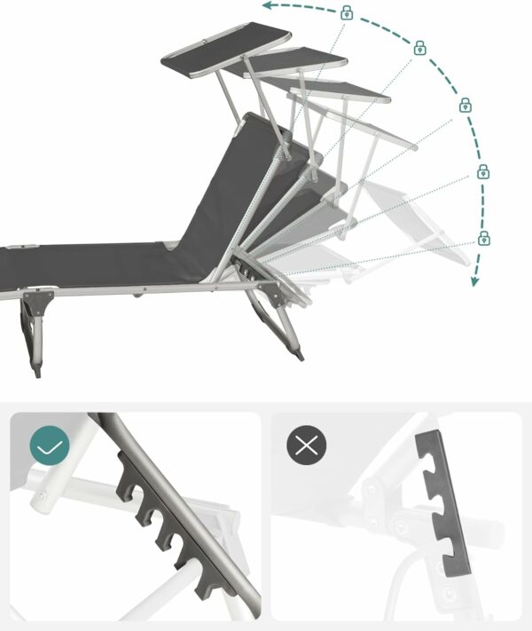 SONGMICS Sezlong pliabil, cu parasolar, spatar reglabil in 4 pozitii, maxim 150kg, 193x55x31cm, gri - Image 6