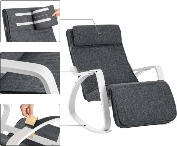 SONGMICS Fa hintaszék, állítható lábtartó, maximum 150kg, 67x115x91cm, szürke és fehér - Image 6