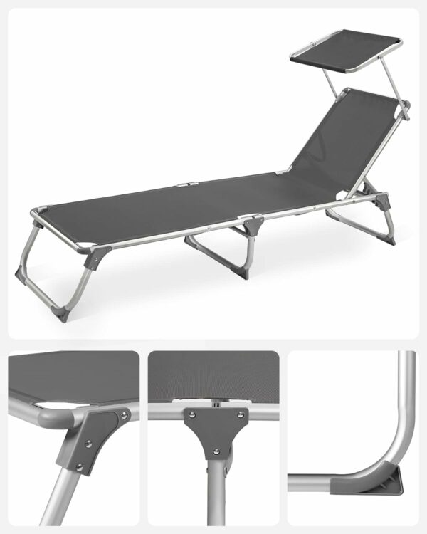 SONGMICS Sezlong pliabil, cu parasolar, spatar reglabil in 4 pozitii, maxim 150kg, 193x55x31cm, gri - Image 7