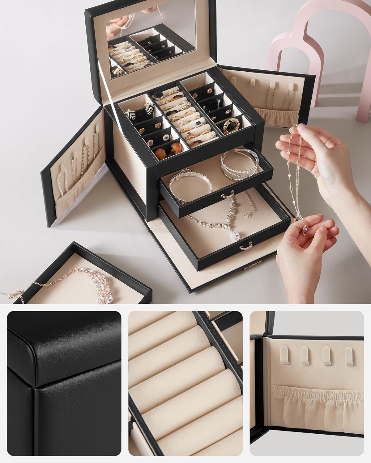 SONGMICS Ékszerdoboz 4 szinttel, 3 fiókkal, tükörrel és zárral, 18x23x17cm, fekete - Image 2