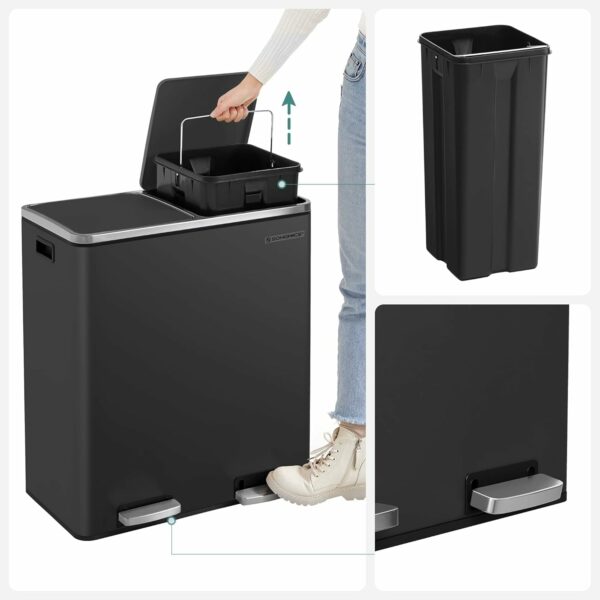 SONGMICS Rozsdamentes szemetes 2 rekeszes szelektív gyűjtéssel, belső vödrökkel, 2x30 literes, fekete - Image 7