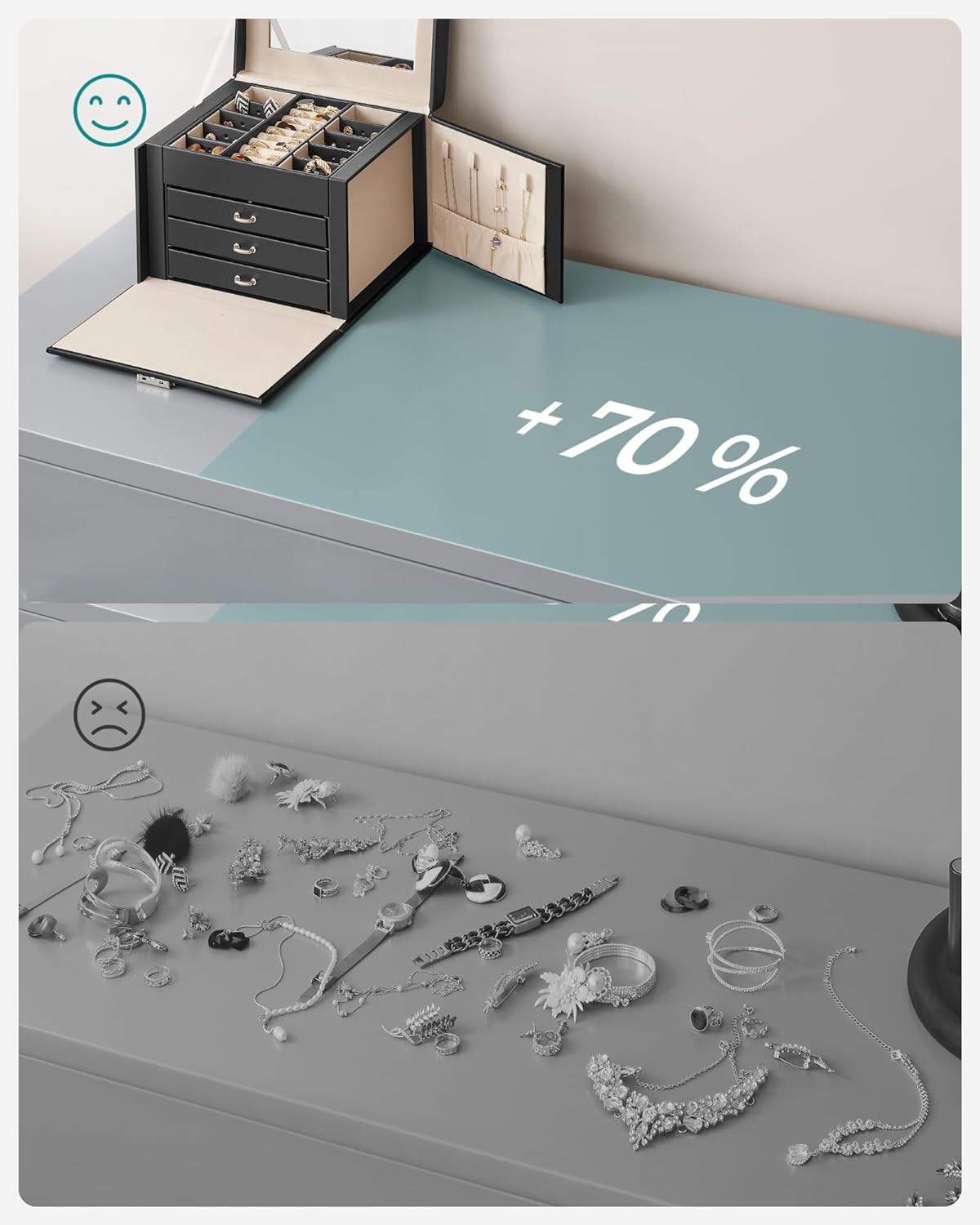 SONGMICS Ékszerdoboz 4 szinttel, 3 fiókkal, tükörrel és zárral, 18x23x17cm, fekete - Image 5