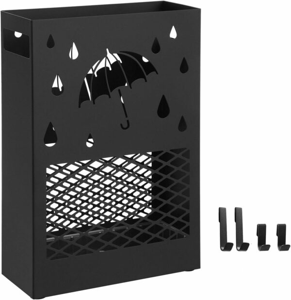 SONGMICS Fém esernyőtartó, akasztókkal és csepptálcával, 28x12x41cm, fekete - Image 8