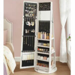 SONGMICS Állótükör 360°-ban forgatható vázzal, tárolórekeszekkel, 55x55x161 cm, fehér–szürke színben