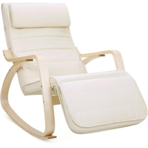 SONGMICS Scaun balansoar din lemn, suport picioare reglabil, maxim 150kg, 55x115x91cm, bej