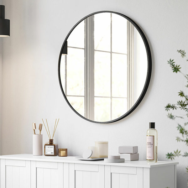 SONGMICS Fali tükör, körtükör, fürdőszobai tükör, átmérő 61 cm, fém keret, nappaliba, hálószobába, fürdőszobába, előszobába, fekete