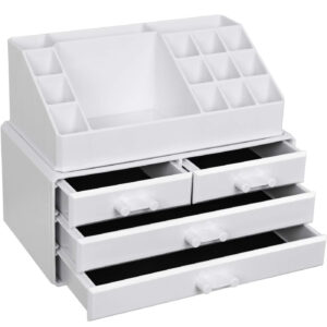 SONGMICS Cosmetics rendszerező, 4 fiókkal és 16 különböző méretű rekesszel, 24x14x19cm, fehér
