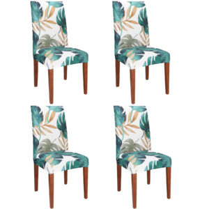Set 4 huse pentru scaun, marime universala, poliester si spandex, 38x70cm, verde cu model floral