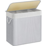 SONGMICS Bambusz szennyeskosár, összecsukható, kivehető, mosható béléssel, 3 rekeszes, 150L, ​​60x40x62cm, szürke