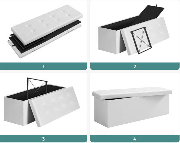 SONGMICS Taburet pliabil cu sezut moale, spatiu de depozitare 120litri, maxim 300kg, 110x38x38cm, alb - Image 3