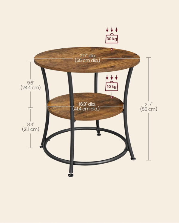 VASAGLE Masuta laterala rotunda, tip noptiera, cu 2 rafturi, cadru de otel, 55x55cm, maro rustic - Image 10