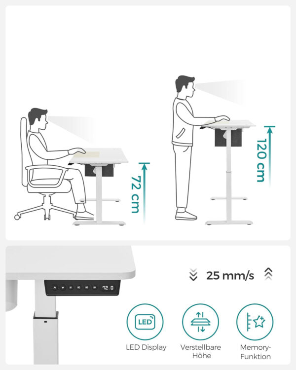 SONGMICS Íróasztal elektromos magasságállítással, memória 4 magassággal, 60x140x(72-120)cm, fehér - Image 3