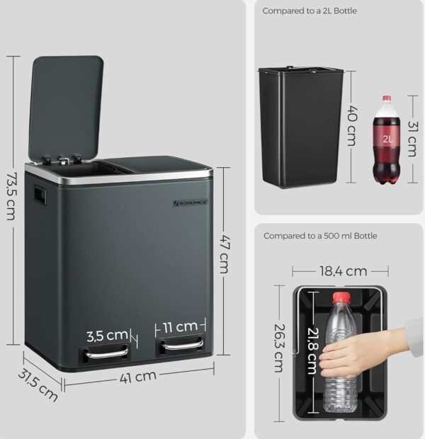SONGMICS Cos de gunoi din inox cu 2 compartimente colectare selectiva, cu galeti interioare, 2x15litri, gri - Image 8