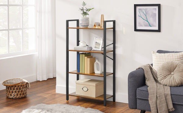 VASAGLE Biblioteca cu 4 etaje din lemn, cadru otel, stil industrial, 66x30x120cm, maro rustic - Image 2