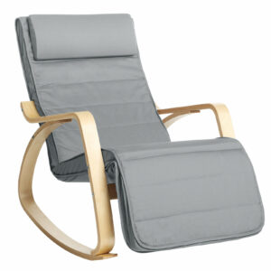 SONGMICS Scaun balansoar din lemn, suport picioare reglabil, maxim 150kg, 67x115x91cm, gri deschis