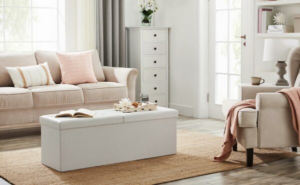 SONGMICS Taburet pliabil cu sezut moale, spatiu de depozitare 120litri, maxim 300kg, 110x38x38cm, alb - Image 2