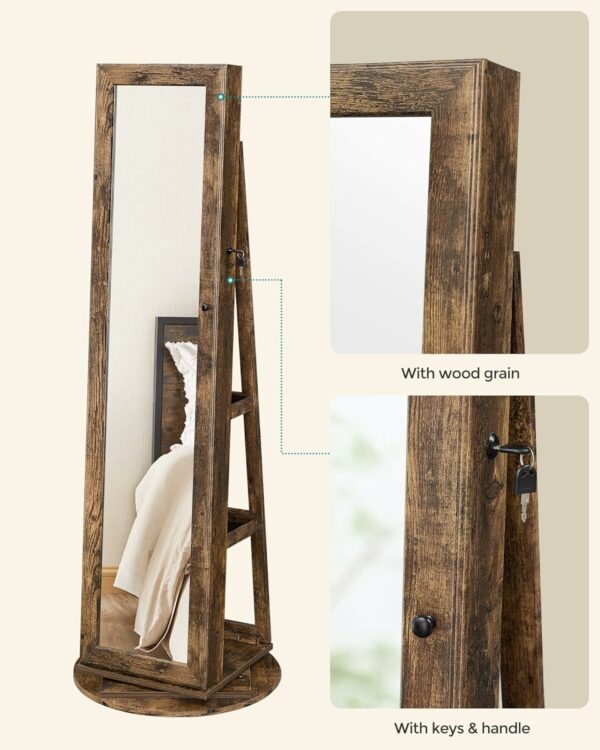 SONGMICS Oglinda de podea cu suport rotativ la 360°, cu spatiu de depozitare, 55x55x161cm, maro rustic - Image 10