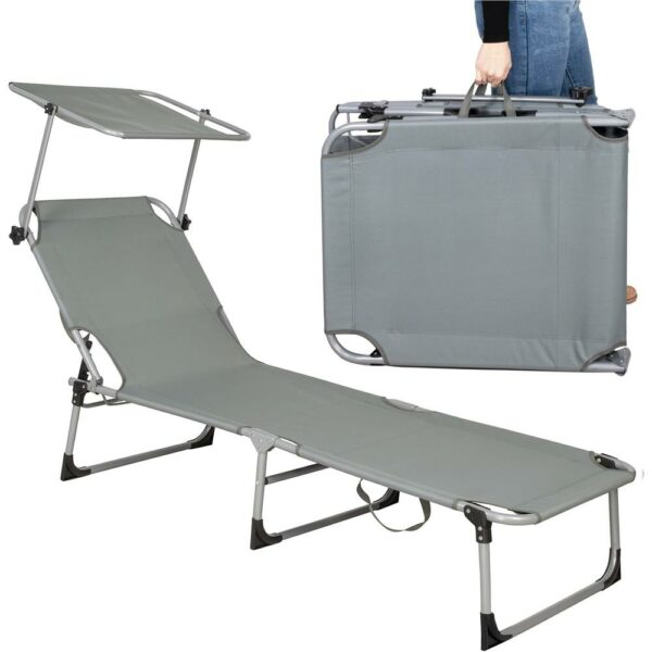 Sezlong pliabil cu parasolar, 188x57x38cm, sarcina 120kg, gri - Image 11