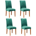 Set 4 huse pentru scaun catifelata, marime universala, poliester si spandex, verde