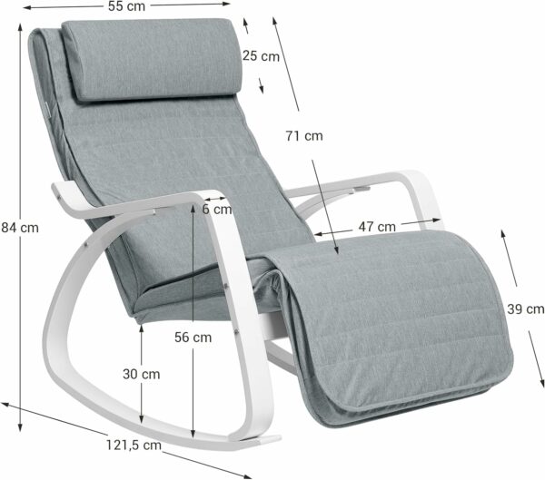 SONGMICS Fa hintaszék, állítható lábtartó, maximum 150kg, 67x122x84cm, világosszürke - Image 2