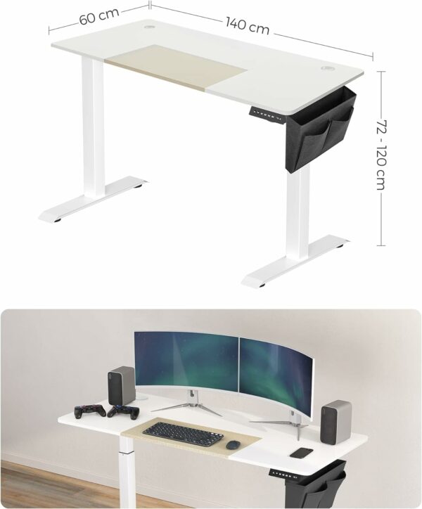 SONGMICS Íróasztal elektromos magasságállítással, memória 4 magassággal, 60x140x(72-120)cm, fehér - Image 2