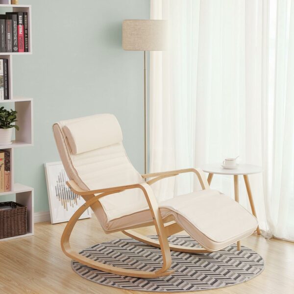 SONGMICS Scaun balansoar din lemn, suport picioare reglabil, maxim 150kg, 55x115x91cm, bej - Image 2