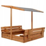 Fa homokozó, napernyős tetővel, 2 paddal, 120x120cm