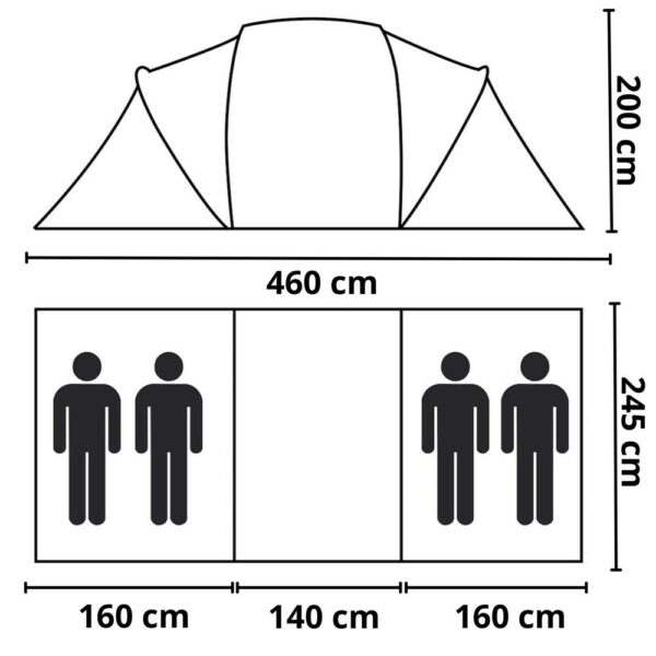 Kempingsátor, vízálló, 2 szoba + hall, 4 férőhelyes, 460x200x245cm, zöld - Image 23