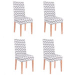Set 4 huse universale pentru scaun, marime universala, poliester si spandex, 45 cm x 60 cm, zig zag, alb gri
