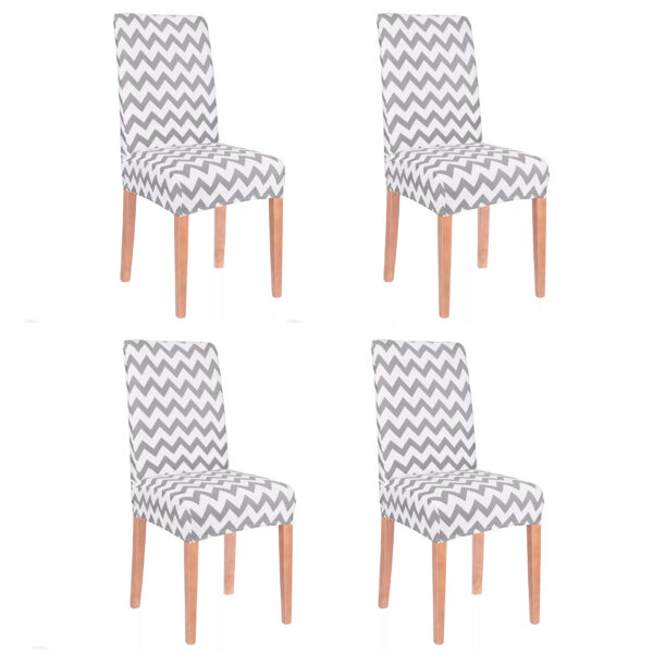 Set 4 huse universale pentru scaun, marime universala, poliester si spandex, 45 cm x 60 cm, zig zag, alb gri