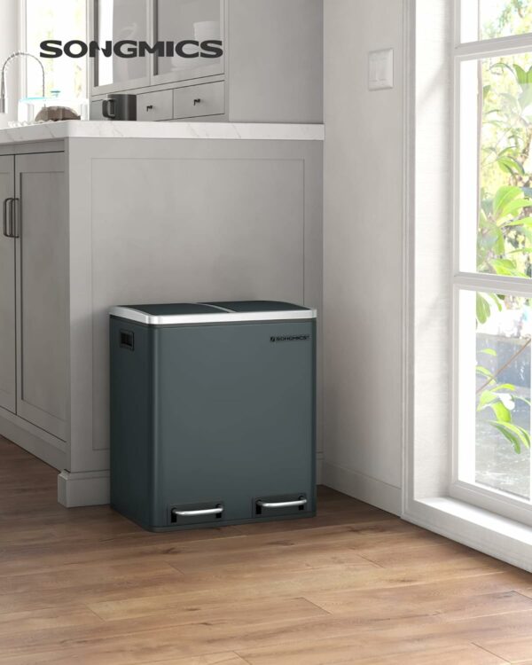 SONGMICS Cos de gunoi din inox cu 2 compartimente colectare selectiva, cu galeti interioare, 2x15litri, gri - Image 3