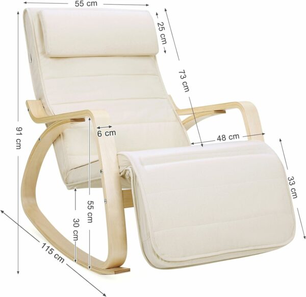 SONGMICS Scaun balansoar din lemn, suport picioare reglabil, maxim 150kg, 55x115x91cm, bej - Image 3